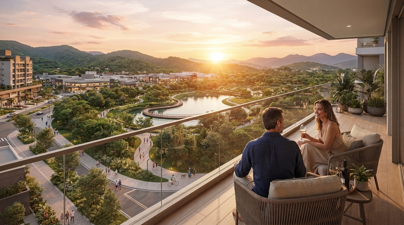 Casal em varanda de apartamento com vista para o parque ao pôr do sol em São José dos Campos